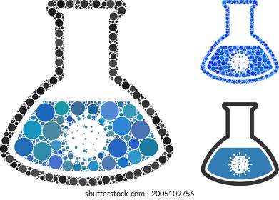 Mosaic covid analysis flask icon organized from circle elements in different sizes, positions and proportions. Blue and original versions of covid analysis flask icon.