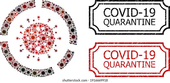 Mosaic covid diagram designed from covid items, and grunge Covid-19 Quarantine rectangle seals with notches.