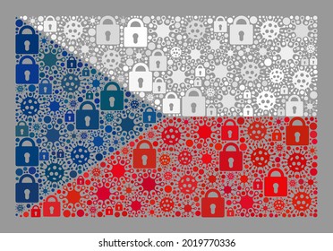 Mosaic covid lockdown Czech flag constructed with locks and Covid-2019 elements. Vector collage straight Czech flag constructed for pandemic posters.