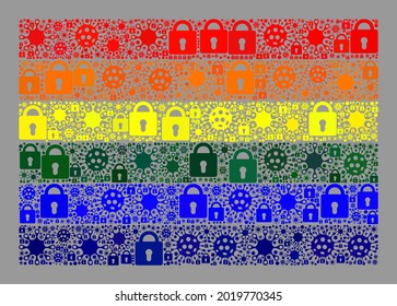 Mosaic covid lockdown LGBT flag designed with locks and Covid-2019 elements. Vector collage rectangle LGBT flag combined for pandemic posters.