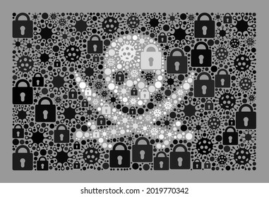 Mosaic covid lockdown pirate flag constructed of locks and coronavirus items. Vector mosaic rectangular pirate flag combined for epidemic advertisement.