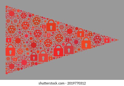 Mosaic covid lockdown red triangle flag designed of locks and covid elements. Vector mosaic straight red triangle flag constructed for pandemic advertisement.
