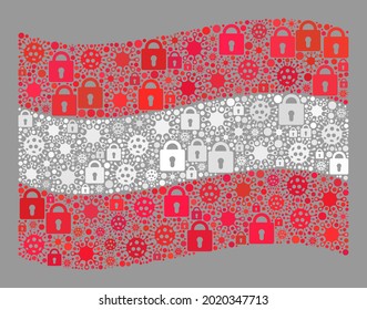Mosaic covid lockdown waving Austria flag designed of locks and bacilla items. Vector collage waving Austria flag organized for pandemic propaganda.