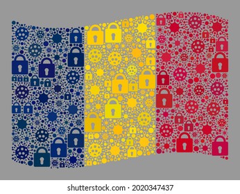 Mosaic covid lockdown waving Chad flag designed with locks and virus items. Vector collage waving Chad flag done for vaccination wallpapers. Chad flag collage is organized of scattered virus elements.