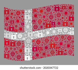 Mosaic covid lockdown waving Denmark flag created of locks and covid icons. Vector collage waving Denmark flag designed for quarantine advertisement.