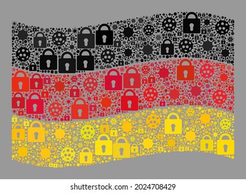 Mosaic Covid Lockdown Waving Germany Flag Designed Of Locks And Covid Icons. Vector Mosaic Waving Germany Flag Designed For Vaccination Propaganda.