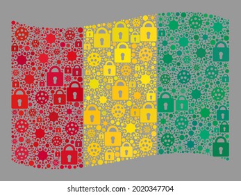 Bloqueo de mosaico con una bandera de Guinea creada con cerraduras y objetos de cobertura. Collage vectorial ondeando la bandera de Guinea combinada para proyectos pandémicos. El collage de la bandera de Guinea está formado por objetos dispersos de la bacila.