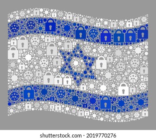 Mosaic covid lockdown waving Israel flag designed with locks and infection icons. Vector collage waving Israel flag designed for health care purposes.