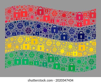 Mosaic covid lockdown waving Mauritius flag constructed of locks and contagious icons. Vector mosaic windy Mauritius flag constructed for medicare propaganda.