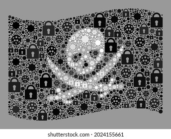 Mosaic covid lockdown ondeando bandera pirata construida de cerraduras y elementos de virus. Mosaico vectorial ondeando bandera pirata organizada para proyectos de cuarentena.