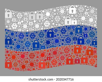Mosaic covid lockdown waving Russia flag designed with locks and virulent elements. Vector mosaic waving Russia flag organized for pandemic illustrations.