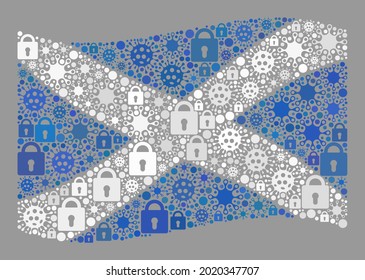 Mosaic covid lockdown waving Scotland flag designed with locks and bacilla icons. Vector collage waving Scotland flag created for health care applications.