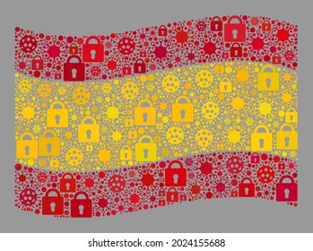 Mosaik covid lockdown winken Spanien Flagge von Schlössern und virulente Symbole. Vektorgrafik-Sammler, die die Flagge Spaniens schwebt, konstruiert für medizinische Werbung.