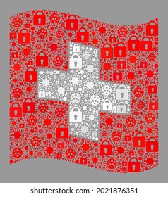 Mosaic covid lockdown waving Swiss flag designed of locks and coronavirus icons. Vector mosaic waving Swiss flag designed for inoculation propaganda.