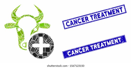 Mosaic cow add icon and rectangle rubber prints. Flat vector cow add mosaic icon of scattered rotated rectangle items. Blue caption seal stamps with rubber surface.