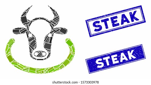 Mosaic cow area icon and rectangle Steak watermarks. Flat vector cow area mosaic icon of random rotated rectangle items. Blue Steak watermarks with distress texture.