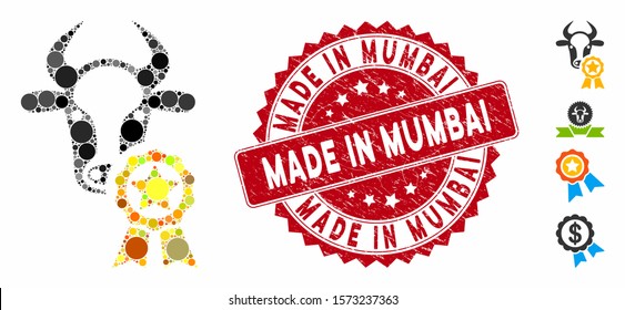 Mosaic cow award icon and rubber stamp seal with Made in Mumbai text. Mosaic vector is created with cow award icon and with randomized circle spots. Made in Mumbai seal uses red color,