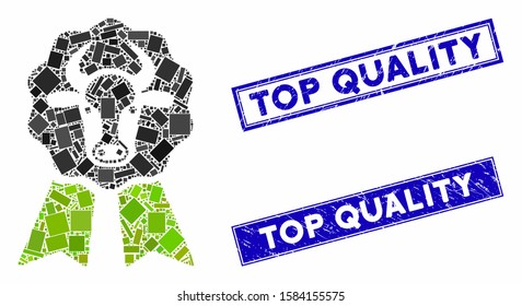 Mosaic cow award seal icon and rectangular Top Quality seal stamps. Flat vector cow award seal mosaic icon of random rotated rectangular items. Blue Top Quality seal stamps with grunge surface.