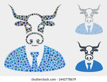 Mosaic Cow boss icon united from spheric and square elements in random sizes, positions and proportions. Vector spheric and square dots are arranged into abstract mosaic cow boss icons.