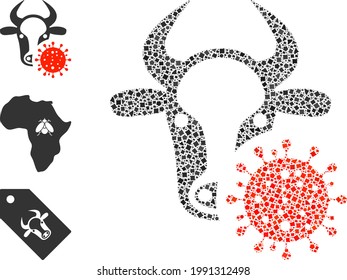 Mosaic Cow coronavirus icon united from humpy pieces in various sizes, positions and proportions. Vector joggly pieces are united into abstract composition cow coronavirus icon.