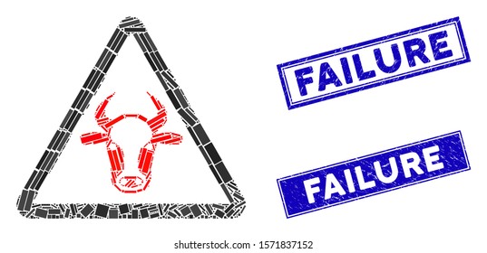 Mosaic cow danger icon and rectangular Failure seals. Flat vector cow danger mosaic icon of scattered rotated rectangle elements. Blue Failure seals with distress texture.