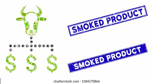 Mosaic cow dollar links icon and rectangular Smoked Product rubber prints. Flat vector cow dollar links mosaic icon of scattered rotated rectangular elements.