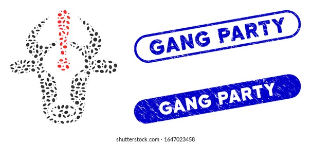Mosaic cow error and corroded stamp seals with Gang Party phrase. Mosaic vector cow error is created with random elliptic pieces. Gang Party stamp seals use blue color, and have round rectangle shape.