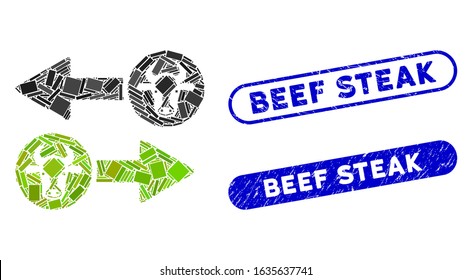 Mosaic cow exchange arrows and grunge stamp seals with Beef Steak text. Mosaic vector cow exchange arrows is designed with randomized rectangle items. Beef Steak stamp seals use blue color,
