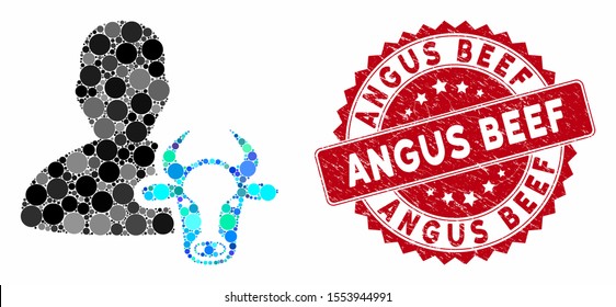 Mosaic cow farmer and distressed stamp seal with Angus Beef phrase. Mosaic vector is composed with cow farmer icon and with scattered spheric elements. Angus Beef stamp uses red color,