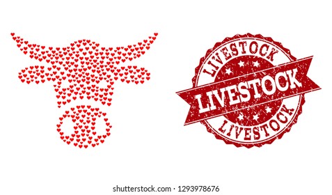 Mosaic cow head composed with red love hearts, and isolated rubber watermark. Composition for Valentines Day. Cow head concept constructed with small scattered dating heart items.