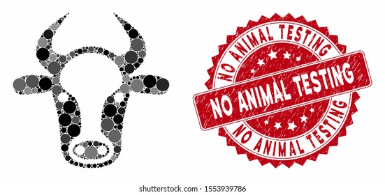 Mosaic cow head and corroded stamp seal with No Animal Testing text. Mosaic vector is created with cow head icon and with scattered circle spots. No Animal Testing stamp seal uses red color,