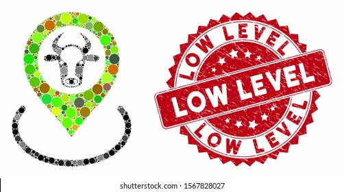 Mosaic cow location and corroded stamp watermark with Low Level text. Mosaic vector is formed with cow location icon and with scattered round elements. Low Level stamp seal uses red color,