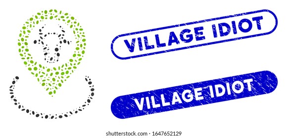 Mosaic cow location and distressed stamp seals with Village Idiot caption. Mosaic vector cow location is designed with scattered elliptic dots. Village Idiot stamp seals use blue color,