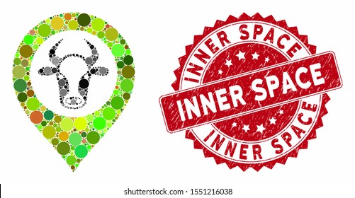 Mosaic cow map marker and rubber stamp watermark with Inner Space caption. Mosaic vector is composed with cow map marker icon and with randomized round spots. Inner Space seal uses red color,