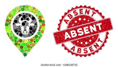 Mosaic cow marker and corroded stamp watermark with Absent text. Mosaic vector is formed with cow marker icon and with random round spots. Absent stamp uses red color, and dirty design.