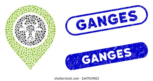 Mosaic cow marker and rubber stamp seals with Ganges phrase. Mosaic vector cow marker is created with randomized ellipse items. Ganges stamp seals use blue color, and have round rectangle shape.