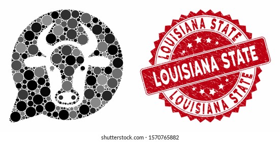 Mosaic cow message balloon and rubber stamp watermark with Louisiana State phrase. Mosaic vector is created with cow message balloon icon and with scattered spheric spots.