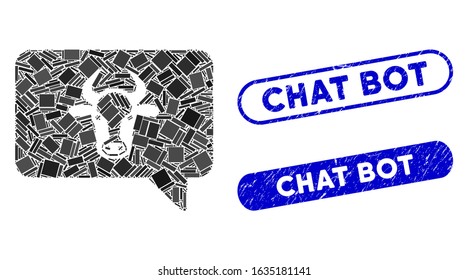 Mosaic cow message and distressed stamp seals with Chat Bot caption. Mosaic vector cow message is created with scattered rectangle items. Chat Bot stamp seals use blue color,