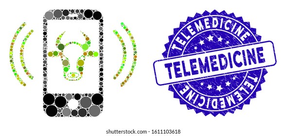 Mosaic cow mobile control icon and rubber stamp seal with Telemedicine caption. Mosaic vector is composed with cow mobile control icon and with scattered spheric items.