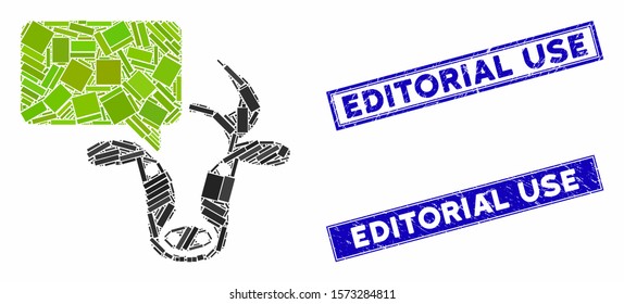 Mosaic cow opinion pictogram and rectangular Editorial Use seals. Flat vector cow opinion mosaic pictogram of scattered rotated rectangular elements.