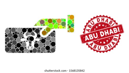 Mosaic cow payment and corroded stamp seal with Abu Dhabi caption. Mosaic vector is created from cow payment icon and with random spheric items. Abu Dhabi stamp seal uses red color,