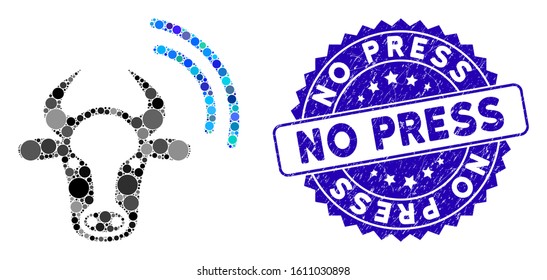 Mosaic cow radio signal icon and rubber stamp watermark with No Press phrase. Mosaic vector is designed with cow radio signal icon and with random circle elements. No Press stamp uses blue color,