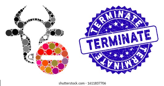 Mosaic cow remove icon and corroded stamp seal with Terminate text. Mosaic vector is designed with cow remove pictogram and with scattered round items. Terminate stamp seal uses blue color,