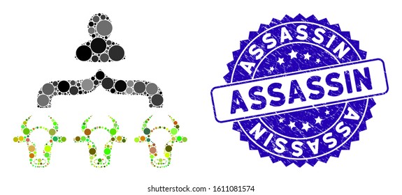 Mosaic cow shepherd icon and distressed stamp seal with Assassin text. Mosaic vector is created from cow shepherd icon and with scattered spheric elements. Assassin stamp seal uses blue color,