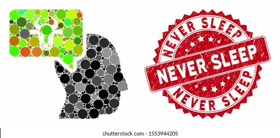 Mosaic cow thinking person and distressed stamp seal with Never Sleep caption. Mosaic vector is created with cow thinking person icon and with randomized spheric spots.