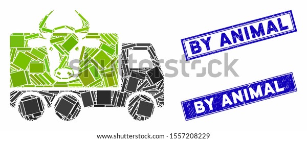 Mosaic cow transportation icon and rectangular\
seal stamps. Flat vector cow transportation mosaic icon of\
randomized rotated rectangular items. Blue caption seal stamps with\
scratched surface.