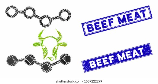 Mosaic cow trends pictogram and rectangular seal stamps. Flat vector cow trends mosaic icon of random rotated rectangular items. Blue caption seal stamps with grunge surface.