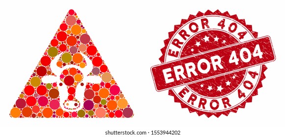 Mosaic cow warning and rubber stamp seal with Error 404 phrase. Mosaic vector is created from cow warning icon and with random circle spots. Error 404 stamp seal uses red color, and grunged surface.