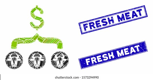 Mosaic cows result dollar icon and rectangular Fresh Meat rubber prints. Flat vector cows result dollar mosaic icon of random rotated rectangular items.