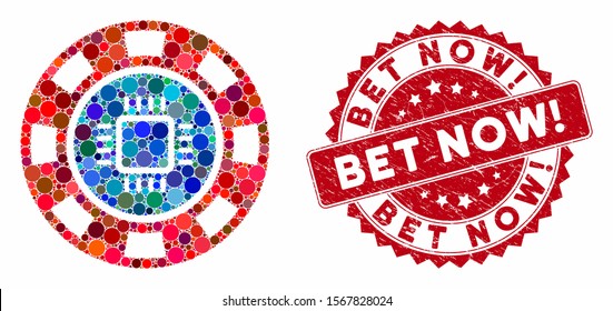 Mosaic CPU casino chip and distressed stamp seal with Bet Now! caption. Mosaic vector is created with CPU casino chip icon and with randomized circle spots. Bet Now! stamp uses red color,